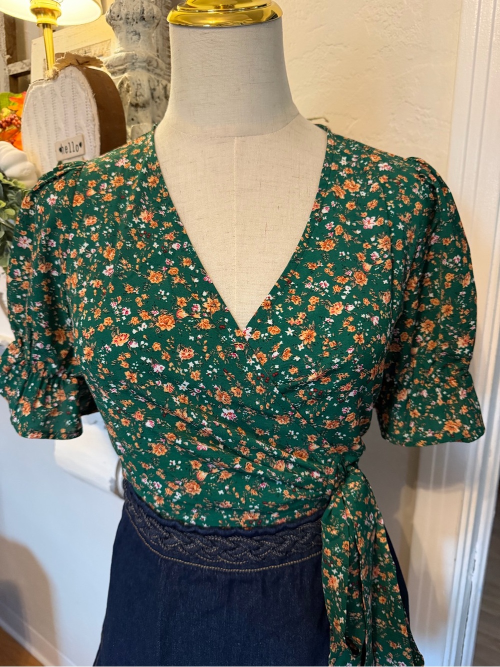 Commense Green Floral Wrap Blouse with Orange & Pink Accents